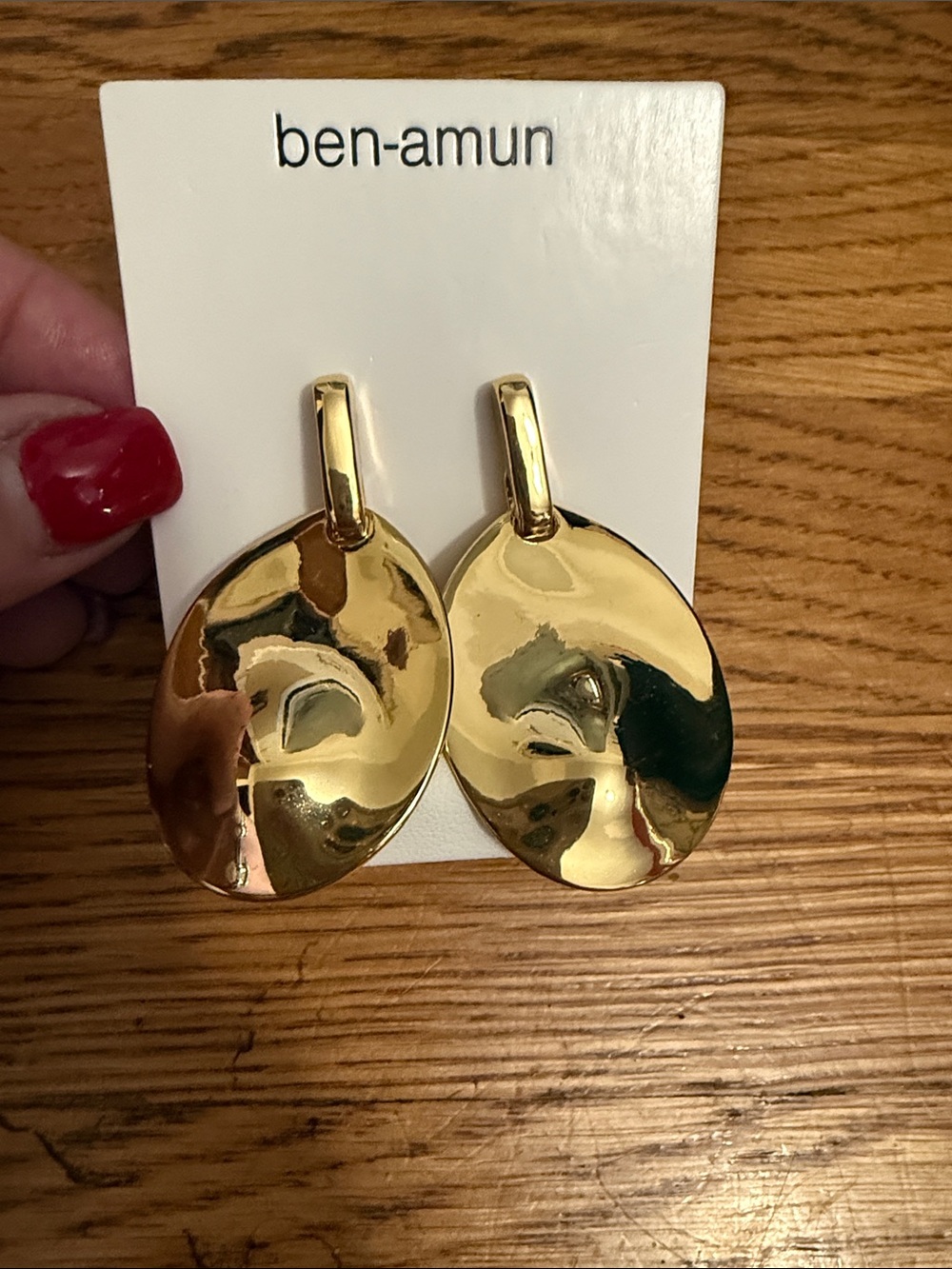 Ben-Amun signed Shiny Gold Hammered Oval Drop Earrings New